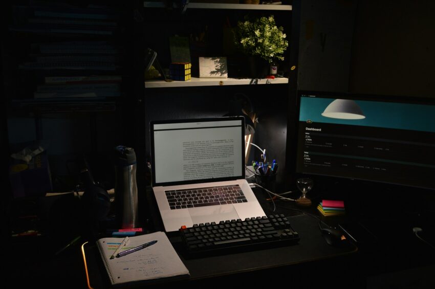a laptop sits on a desk